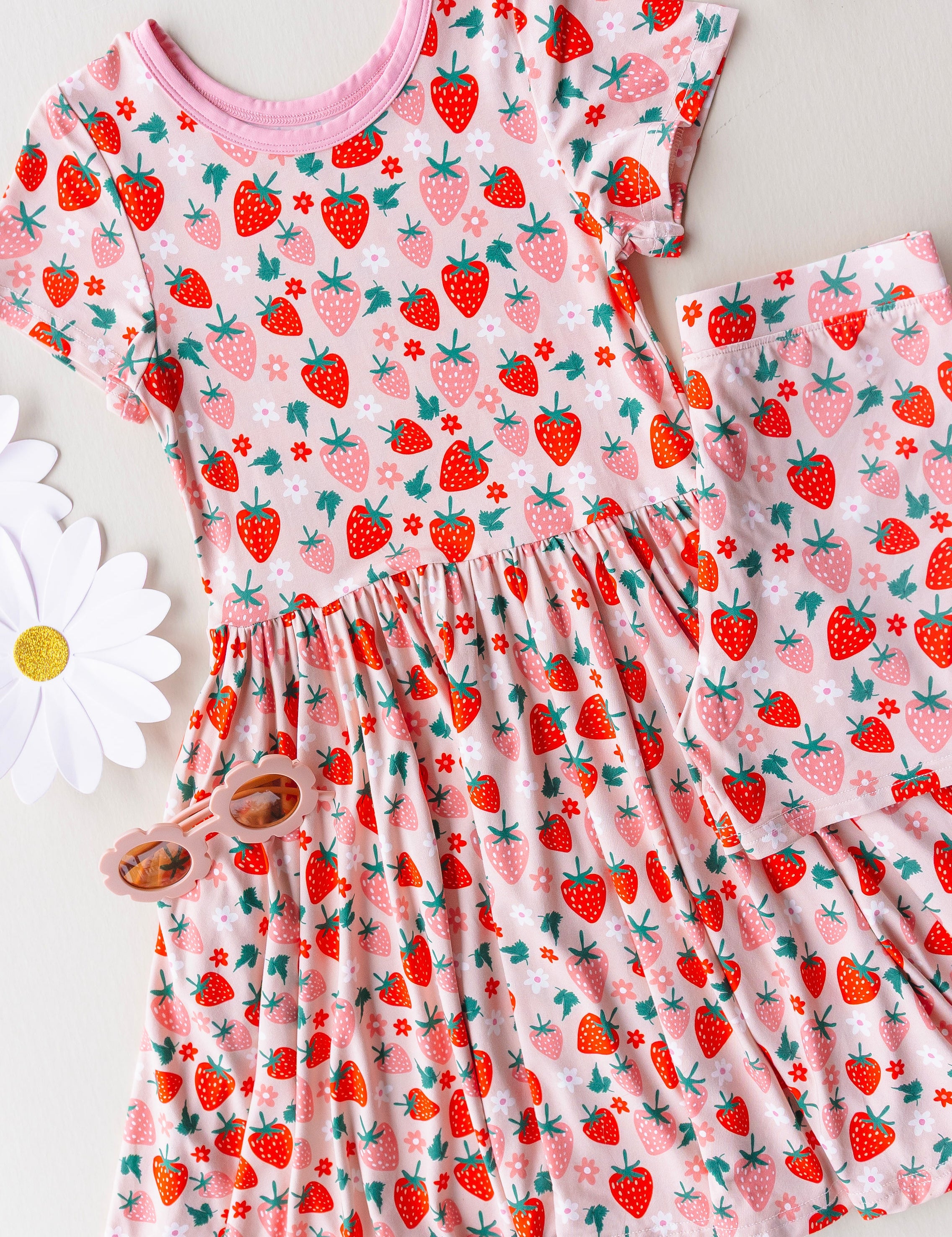 Bamboo Short Sleeve Twirl Dress with Short Set- Strawberry