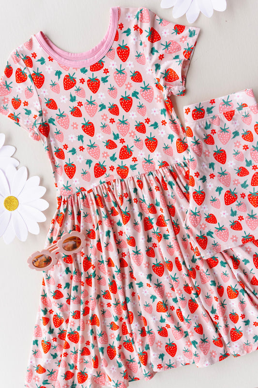 Bamboo Short Sleeve Twirl Dress with Short Set- Strawberry