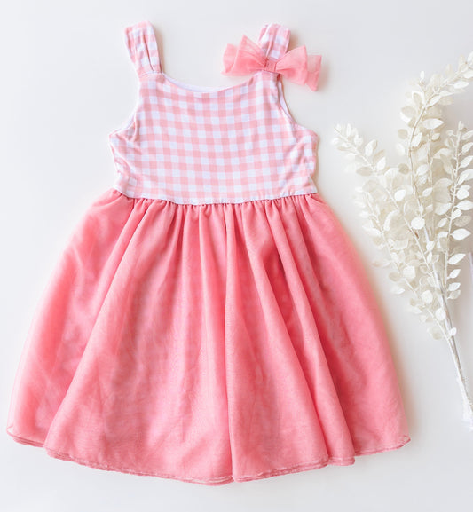 Bamboo Bunny Ears with Bow -  Tulle Skirt Twirl Dress in Pink Gingham Print