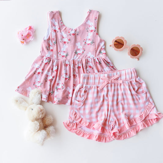 Bamboo Sleeveless Piping Top and Short Set - Pink Bunny