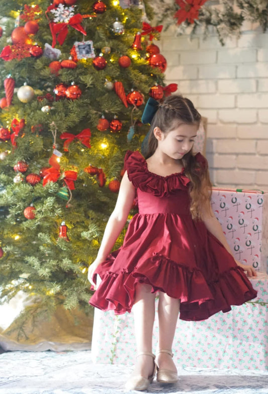 Eumie Ruffle Sleeves Twirl Dress -Maroon