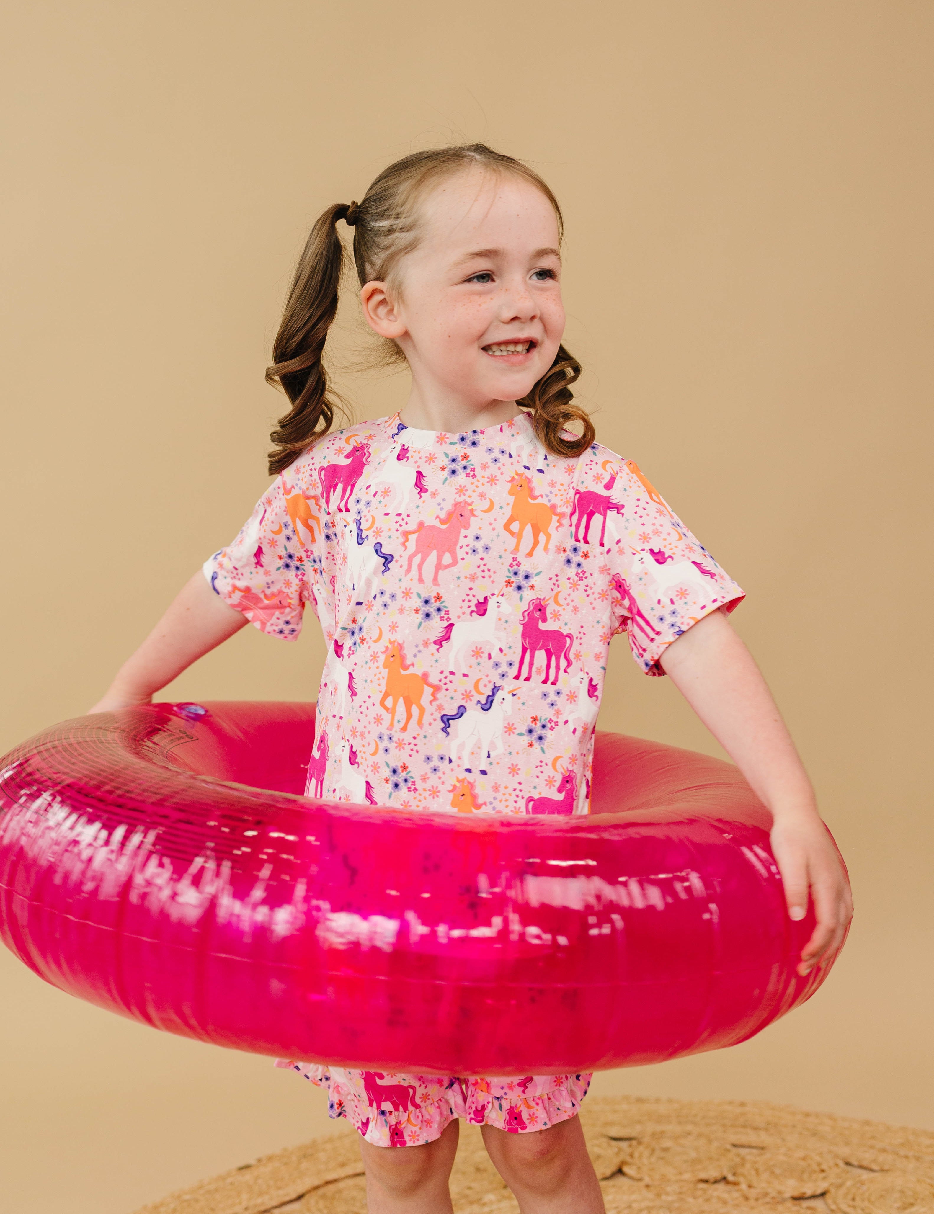 Short Sleeve Top and Ruffle Short Set - Bamboo Unicorns