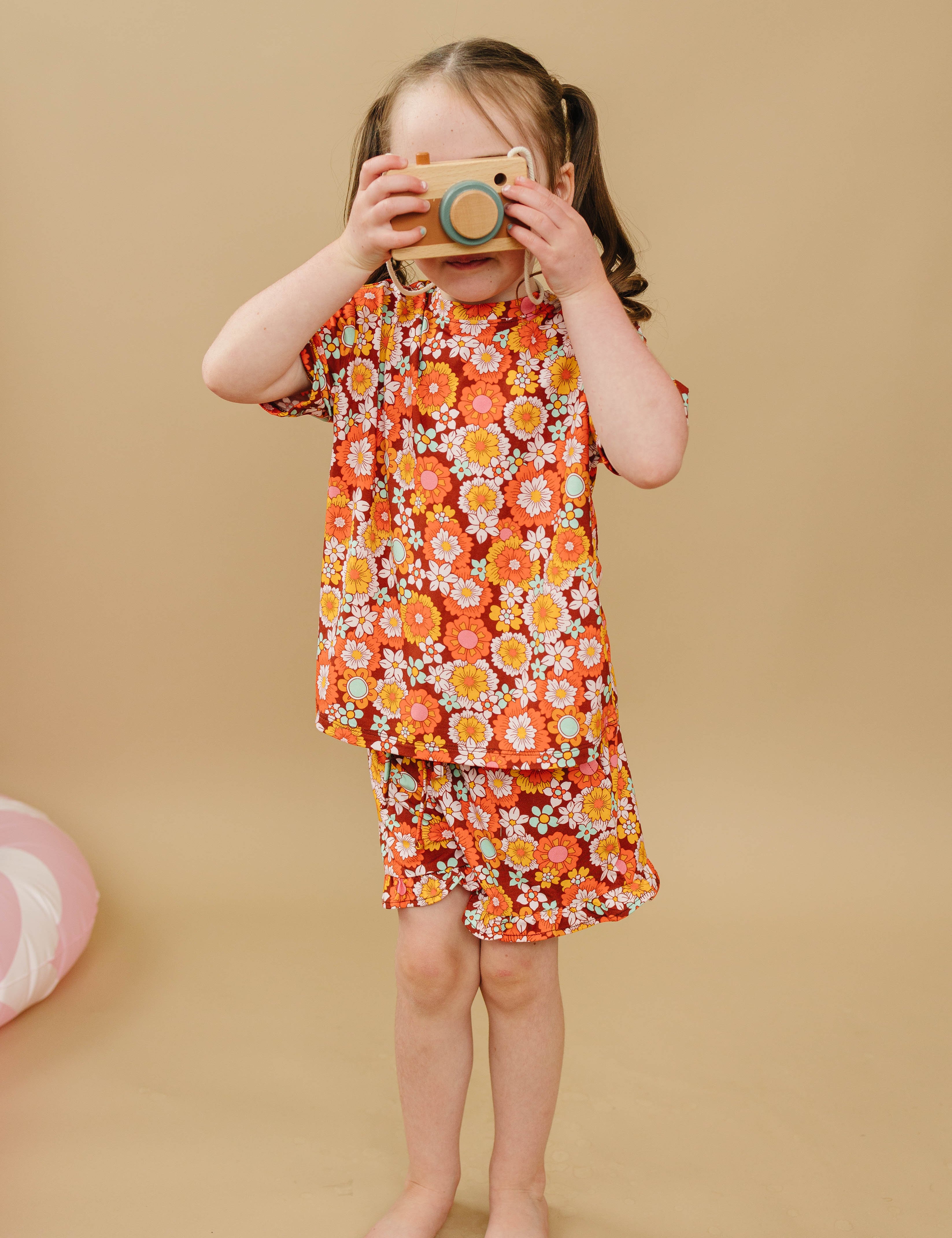 Short Sleeve Top and Ruffle Short Set - Bamboo Retro Floral