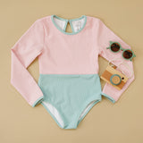 Long Sleeve One piece Swim  - Ribbed Color Block