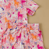 Short Sleeve Top and Ruffle Short Set - Bamboo Unicorns