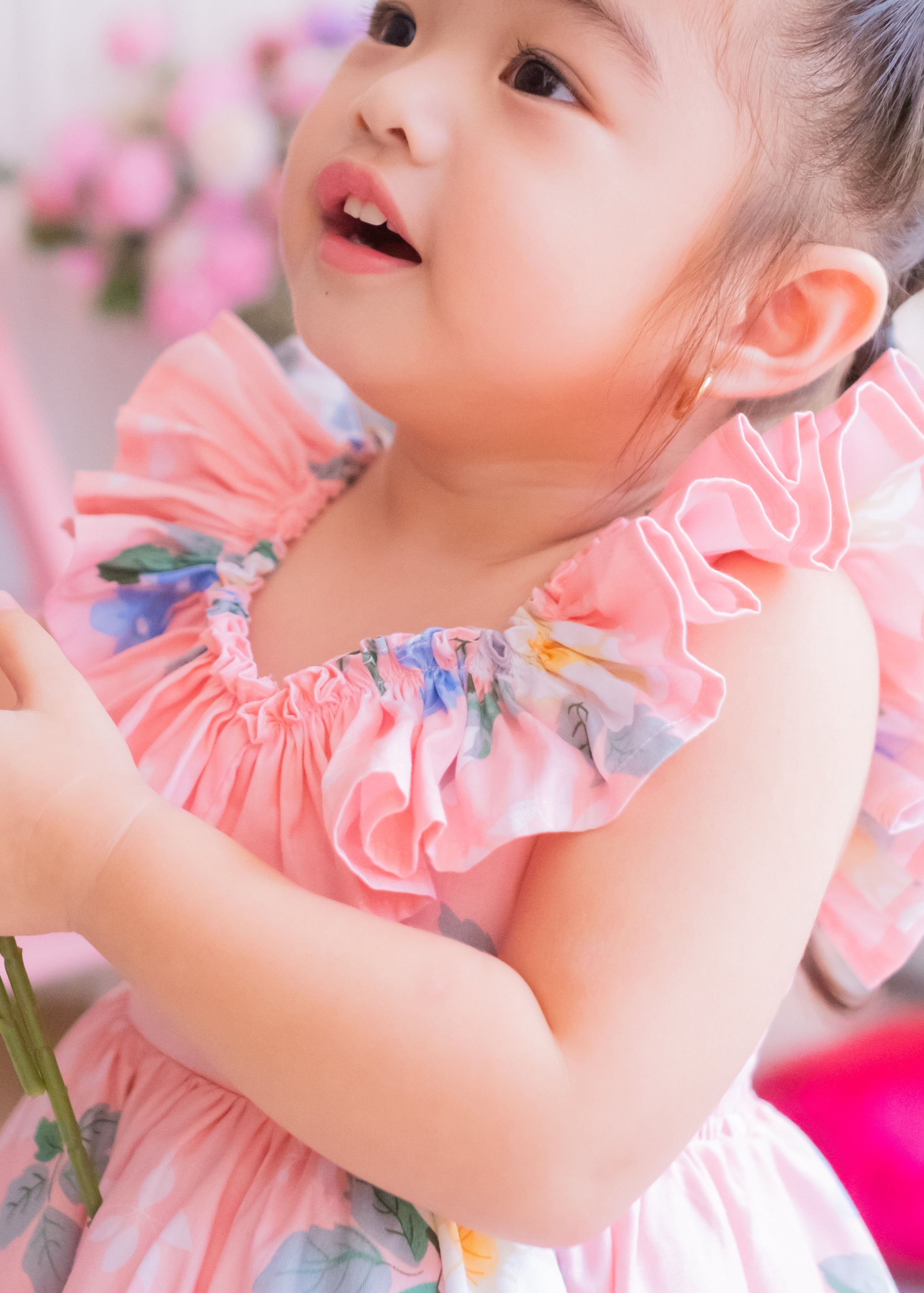 Handmade Ruffle Sleeves Dress -Pink Floral