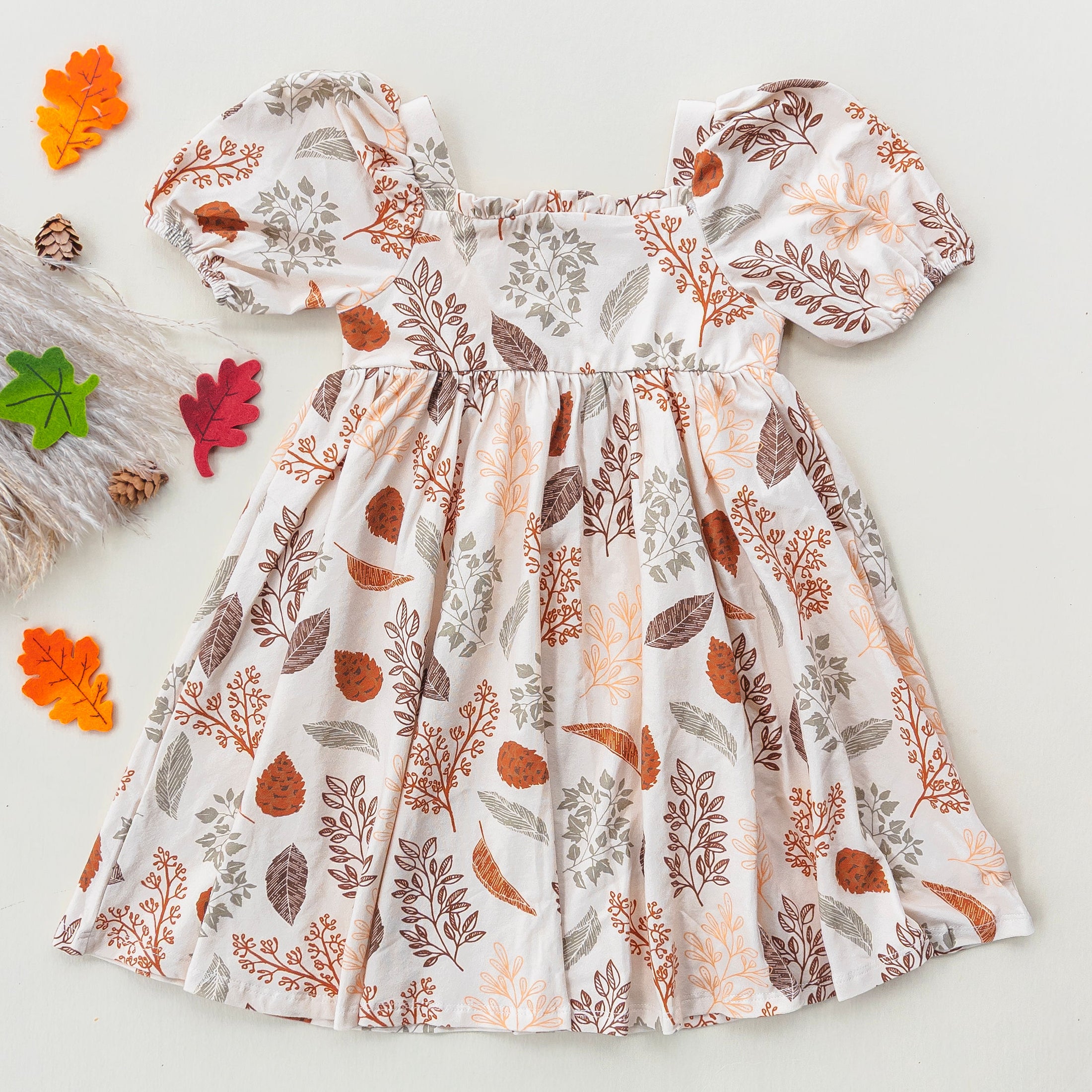 Short Sleeve Ruffle Neckline Dress- Fall Leaf
