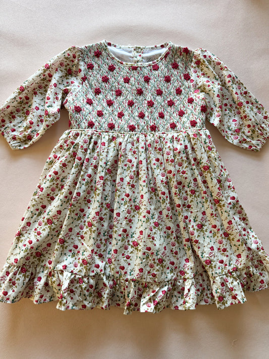 3/4 Sleeve Dress  - Hand-smocked Tiny Red Floral