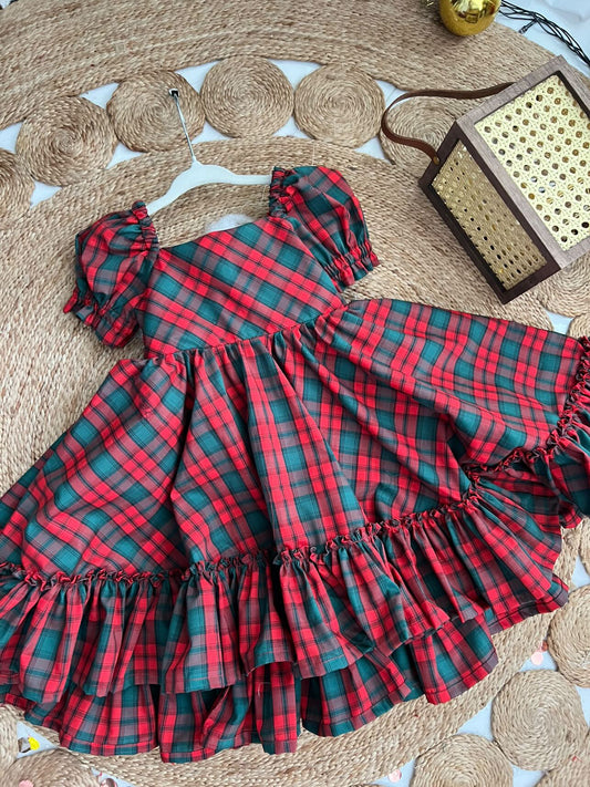 Puff Sleeve Plaid Christmas Dress