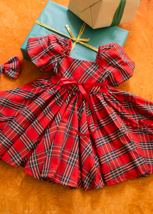 Handmade Puff Sleeve Dress - Red plaid