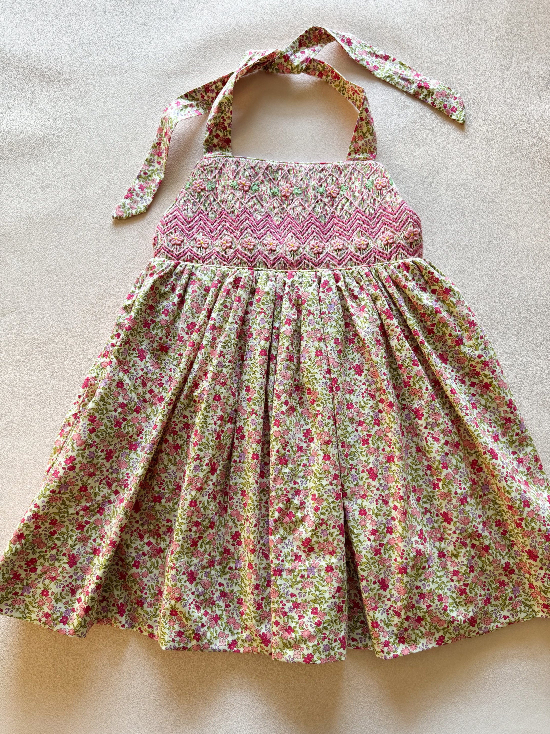 Halter Dress - Hand-smocked Tiny Pink Floral