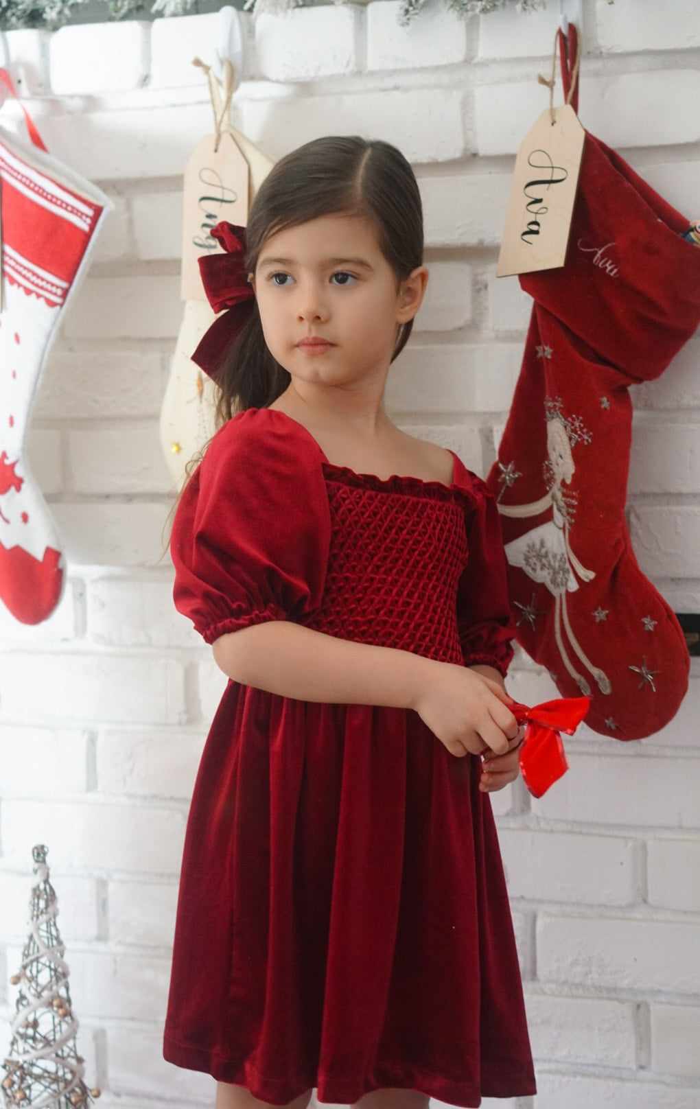 Hand Smocked Dress In Red Velvet