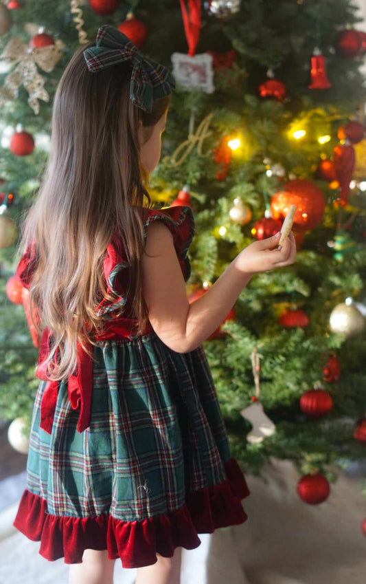 Ruffle Strap Smocked Dress in Red Velvet and Green Plaid