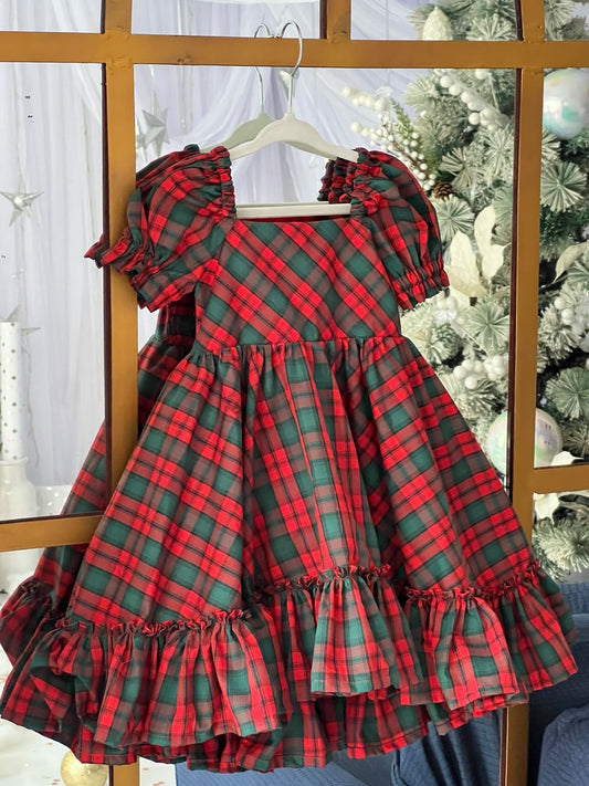 Puff Sleeve Plaid Christmas Dress