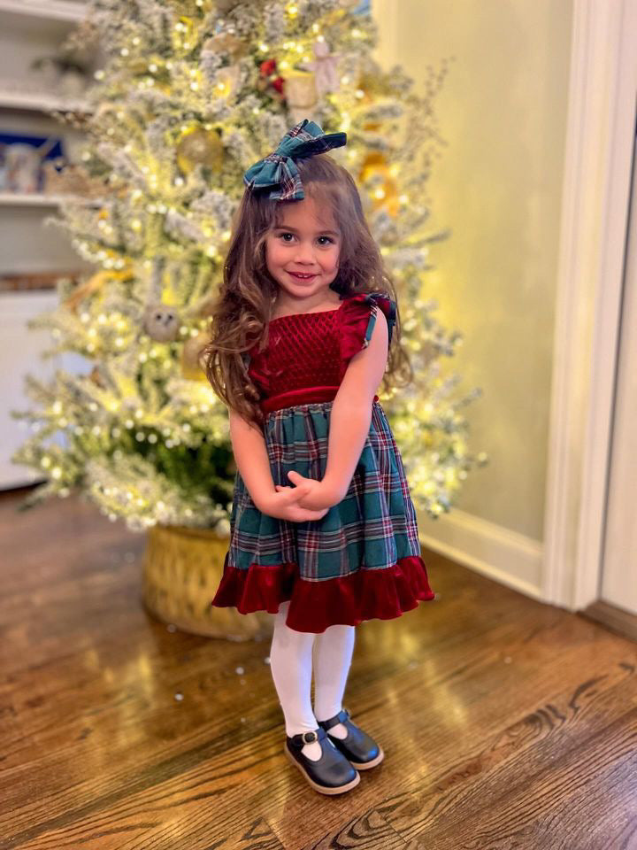 Ruffle Strap Smocked Dress in Red Velvet and Green Plaid