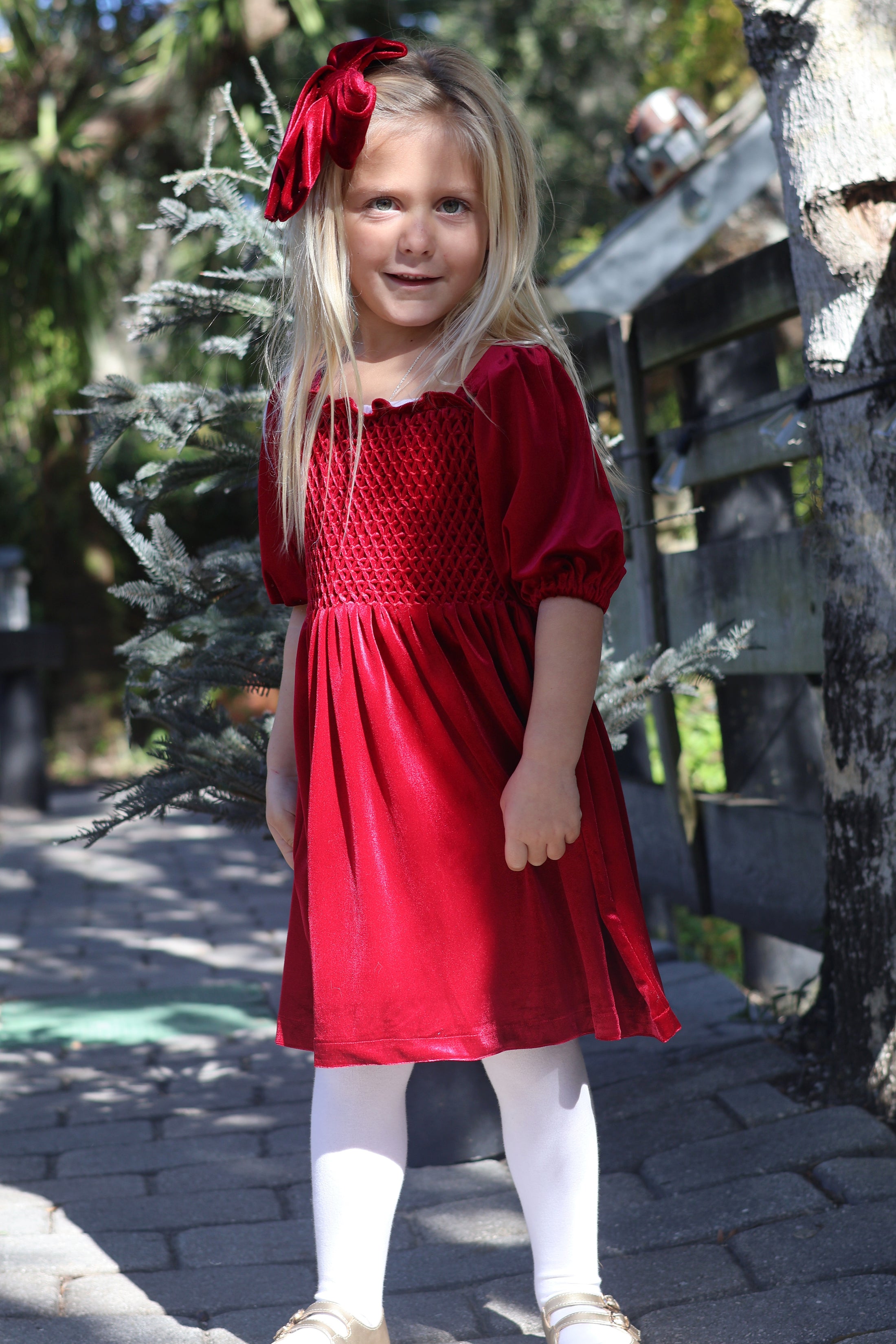 Hand Smocked Dress In Red Velvet