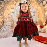 Red velvet and Plaid Dress - Hand smocked Wreath