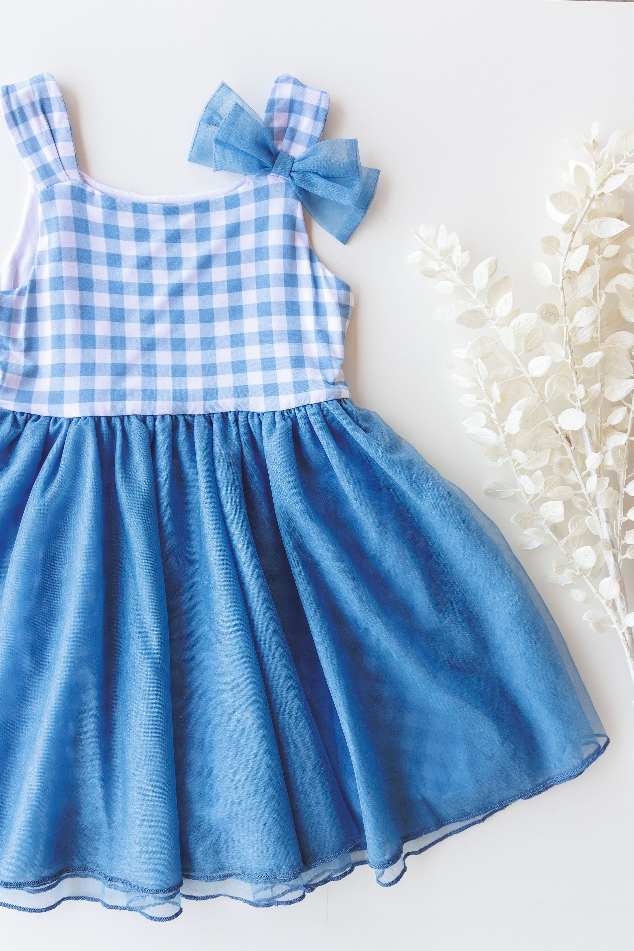 Bamboo Bunny Ears with Bow -  Tulle Skirt Twirl Dress in Gingham Print