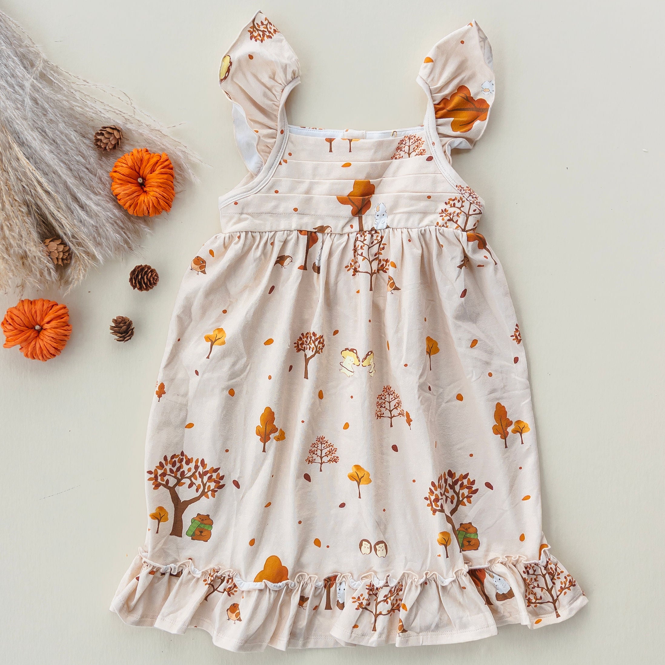 Ruffle Strap Pleated Dress- Fall Hand-drawn Print