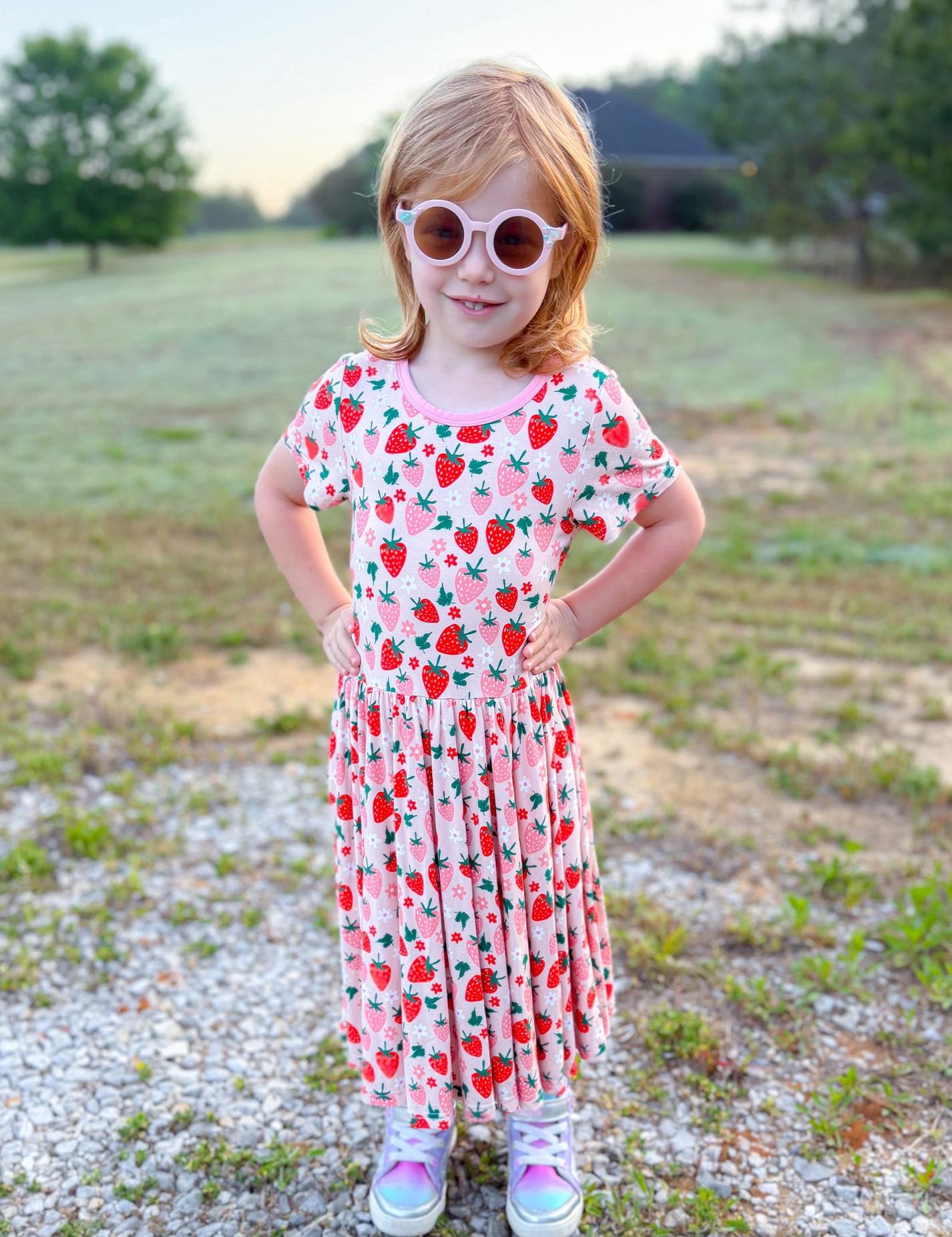 Short Sleeve Twirl Dress with Short Set- Bamboo Strawberry