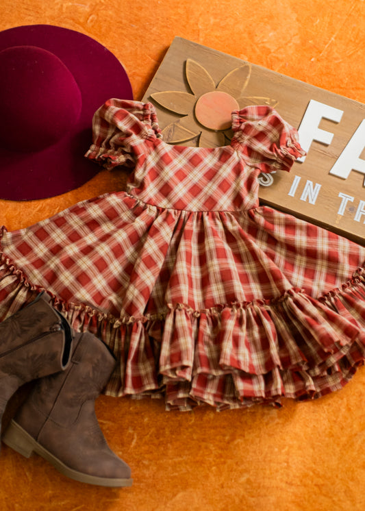 Handmade Puff Sleeve Twirl Dress - Brown Plaid