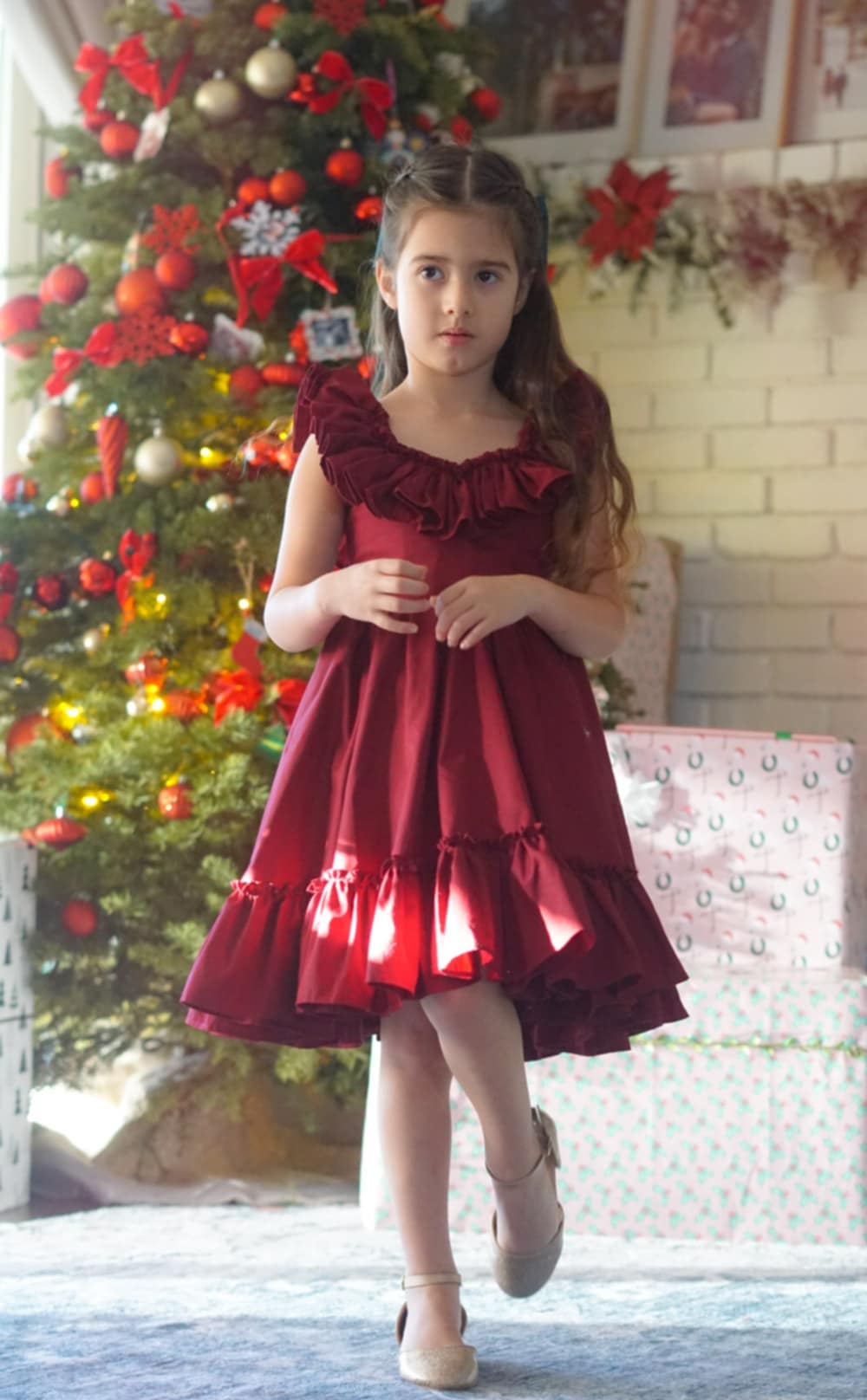 Eumie Ruffle Sleeves Twirl Dress -Maroon