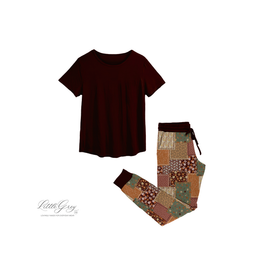 PRESALE Women's Short Sleeve Top and Jogger Pants Set - Fall Patchwork