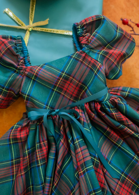 Handmade Puff Sleeve Dress- Green & Red Plaid