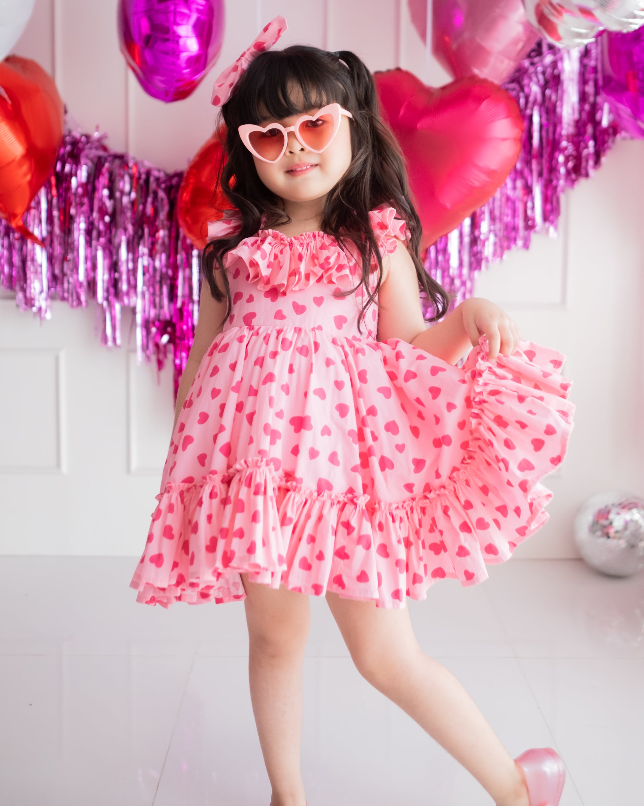 Eumie Ruffle Sleeves Twirl Dress-Hearts