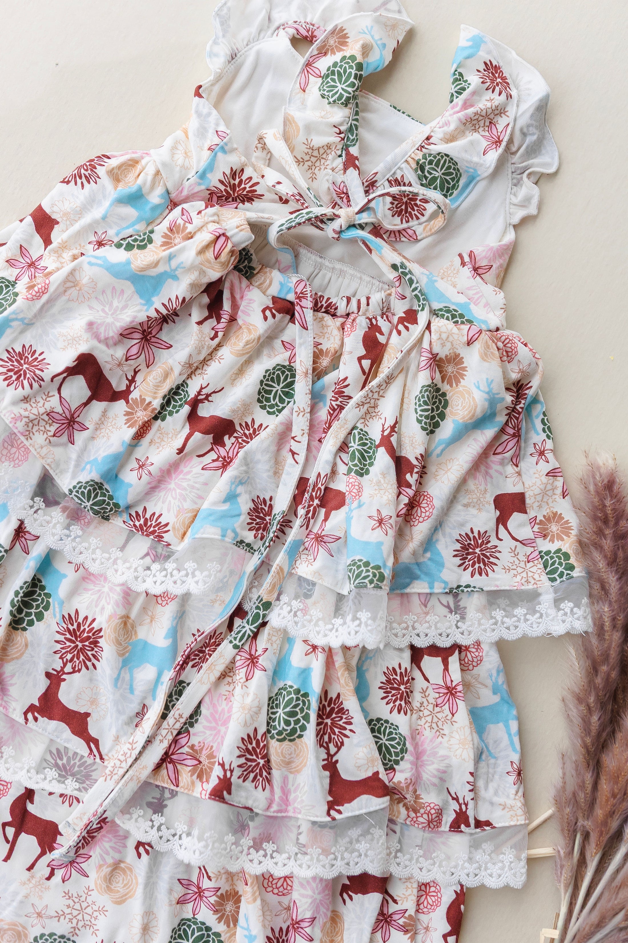 Ruffle Strap Layered Dress In Deer Floral Print