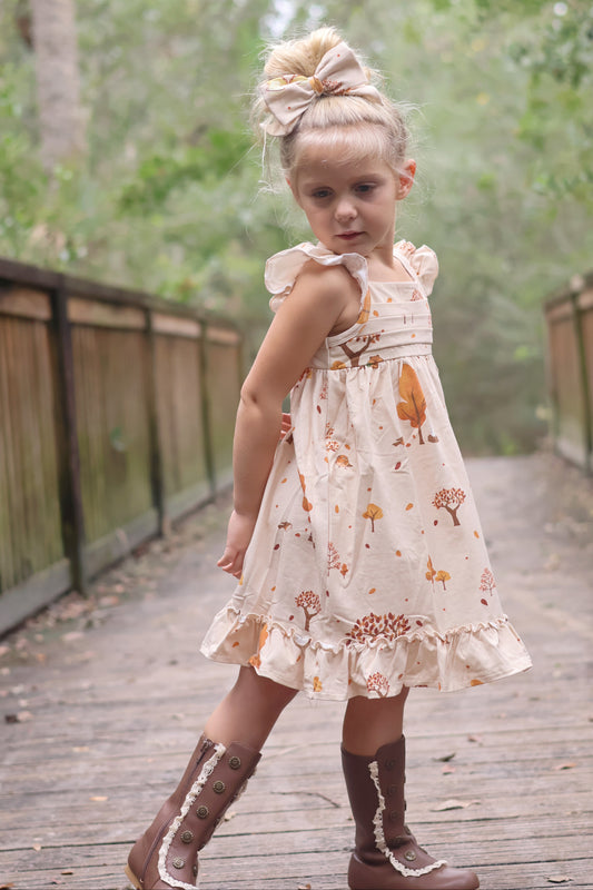 Ruffle Strap Pleated Dress- Fall Hand-drawn Print