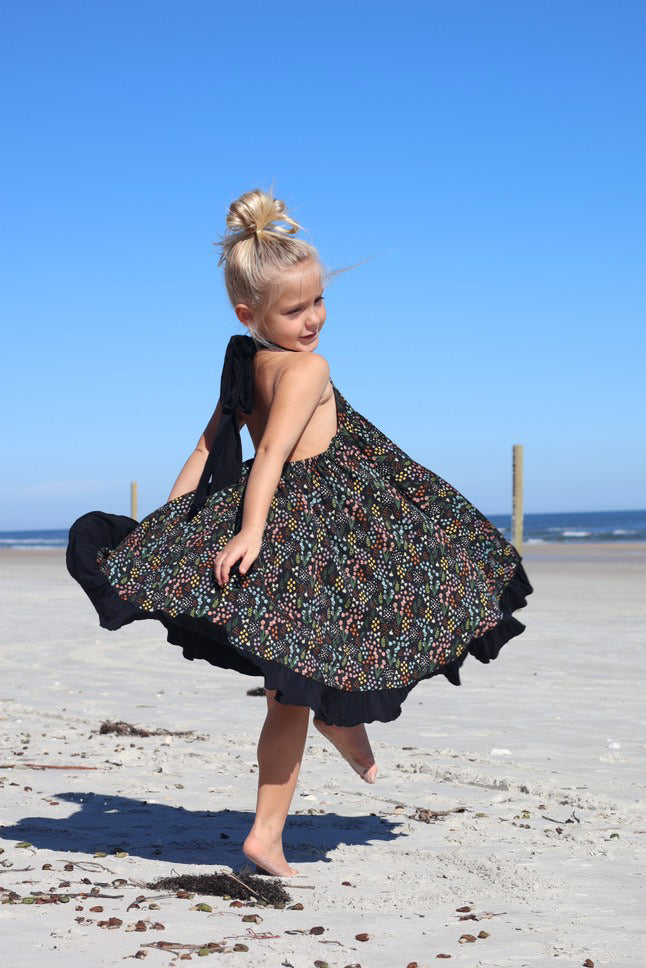 Tie Twirl Dress and Solid Black Bike Short Set - Hyacinth Floral Black Bamboo