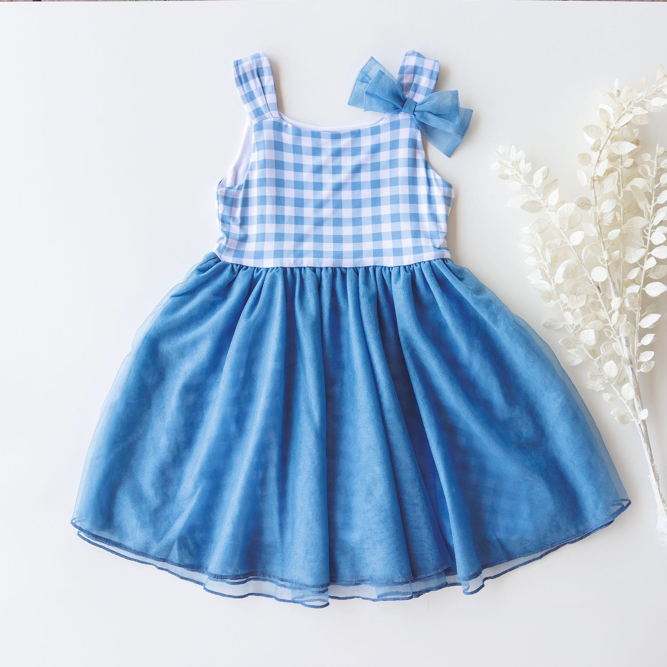 Bamboo Bunny Ears with Bow -  Tulle Skirt Twirl Dress in Gingham Print