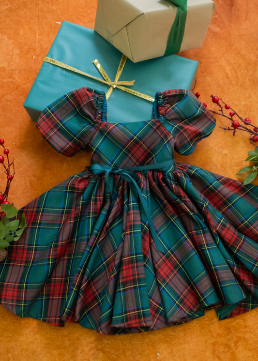 Handmade Puff Sleeve Dress- Green & Red Plaid