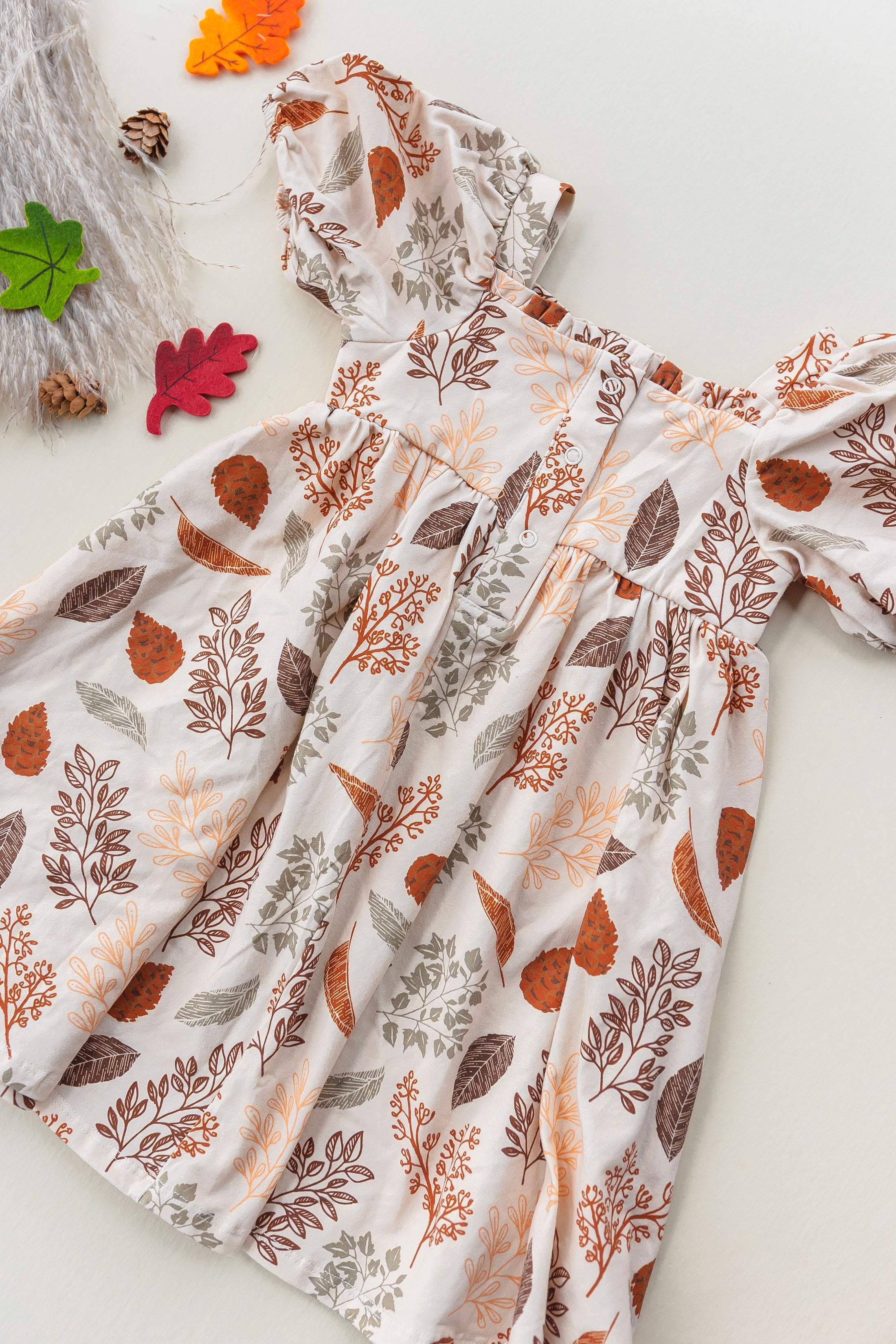 Short Sleeve Ruffle Neckline Dress- Fall Leaf