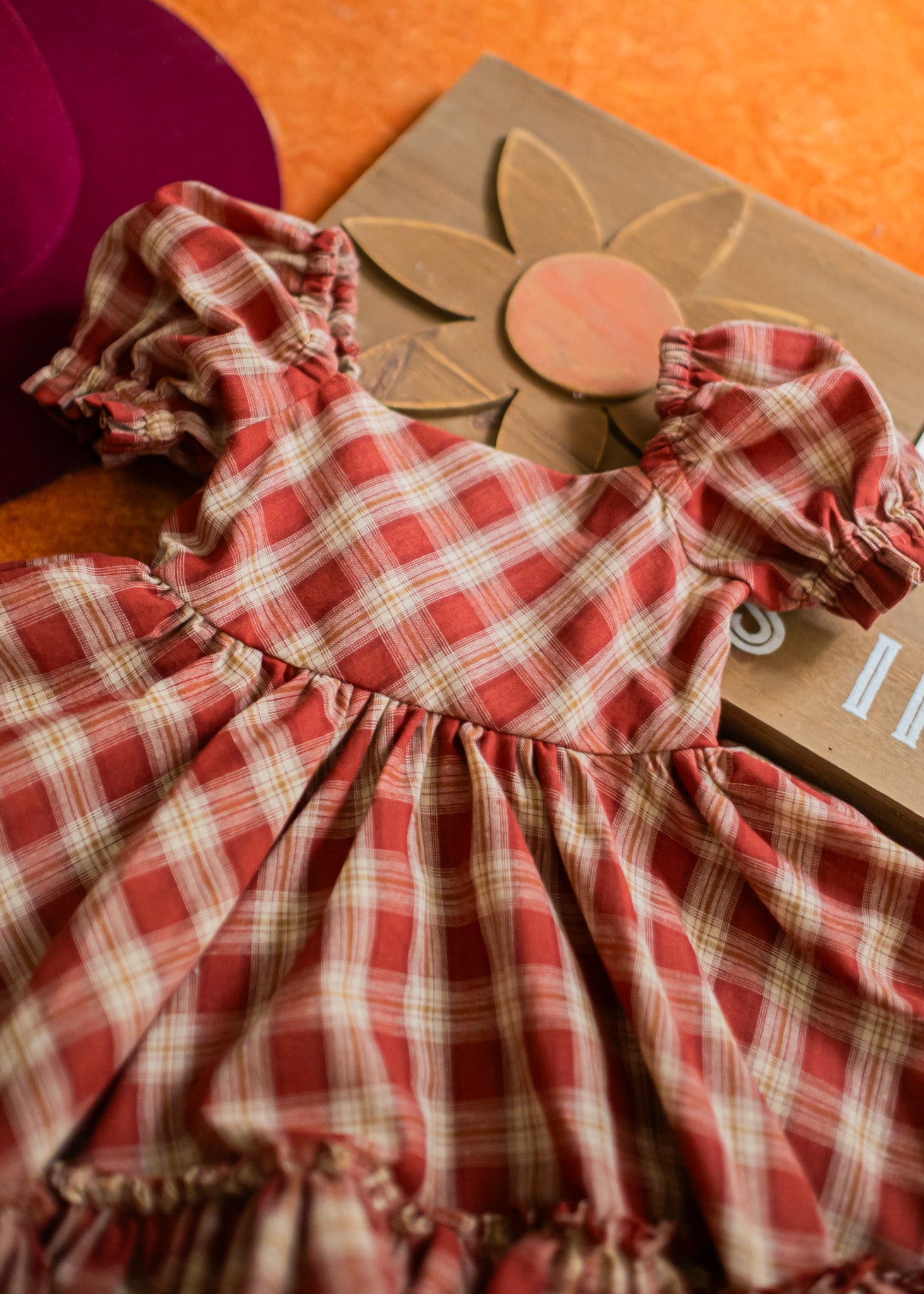 Handmade Puff Sleeve Twirl Dress - Brown Plaid