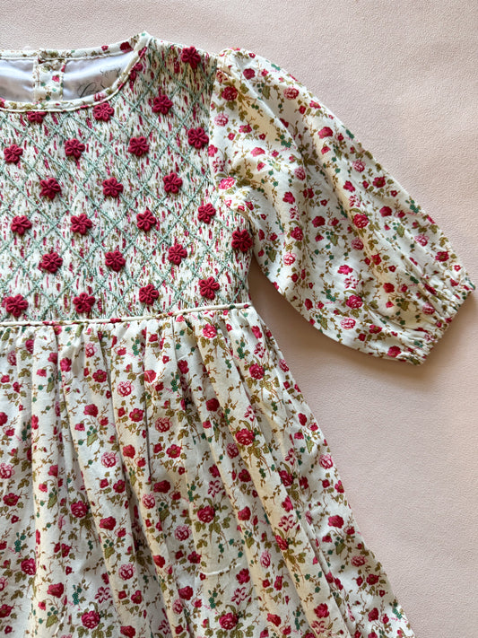 3/4 Sleeve Dress  - Hand-smocked Tiny Red Floral