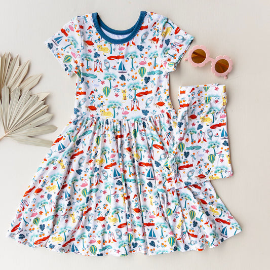 Bamboo Short Sleeve Twirl Dress with Short Set- Florida