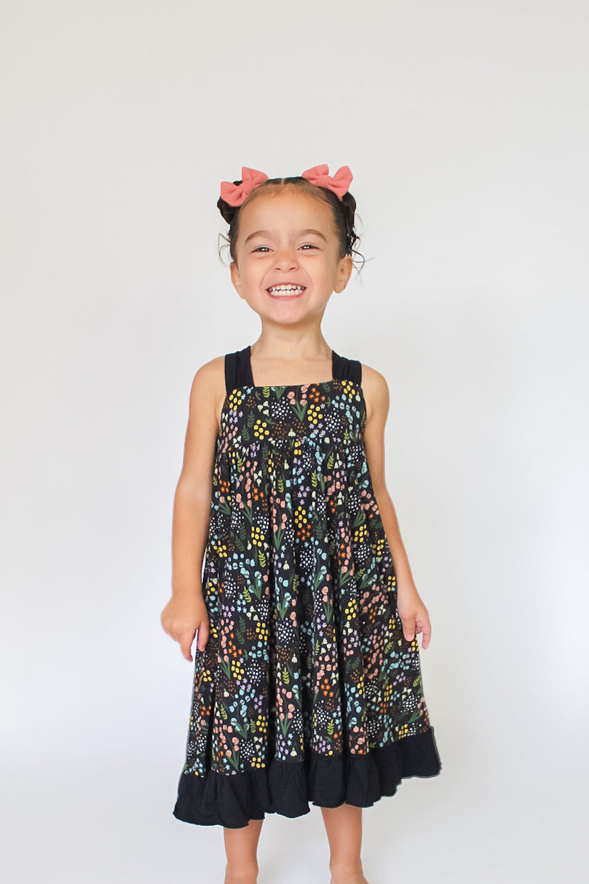 Tie Twirl Dress and Solid Black Bike Short Set - Hyacinth Floral Black Bamboo