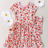 Bamboo Short Sleeve Twirl Dress with Short Set- Strawberry