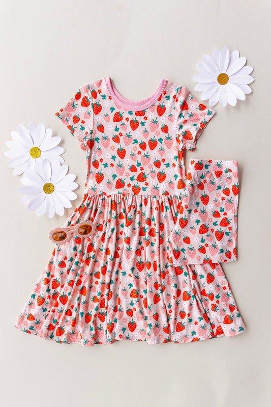 Bamboo Short Sleeve Twirl Dress with Short Set- Strawberry