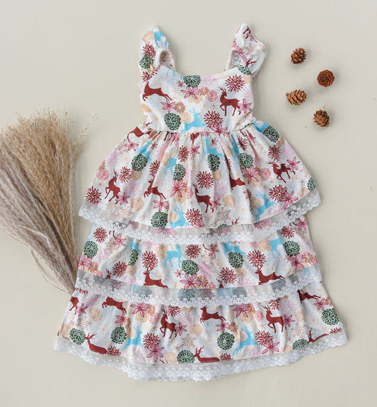 Ruffle Strap Layered Dress In Deer Floral Print