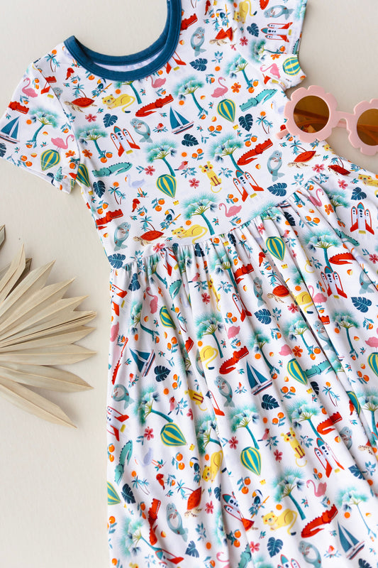 Bamboo Short Sleeve Twirl Dress with Short Set- Florida