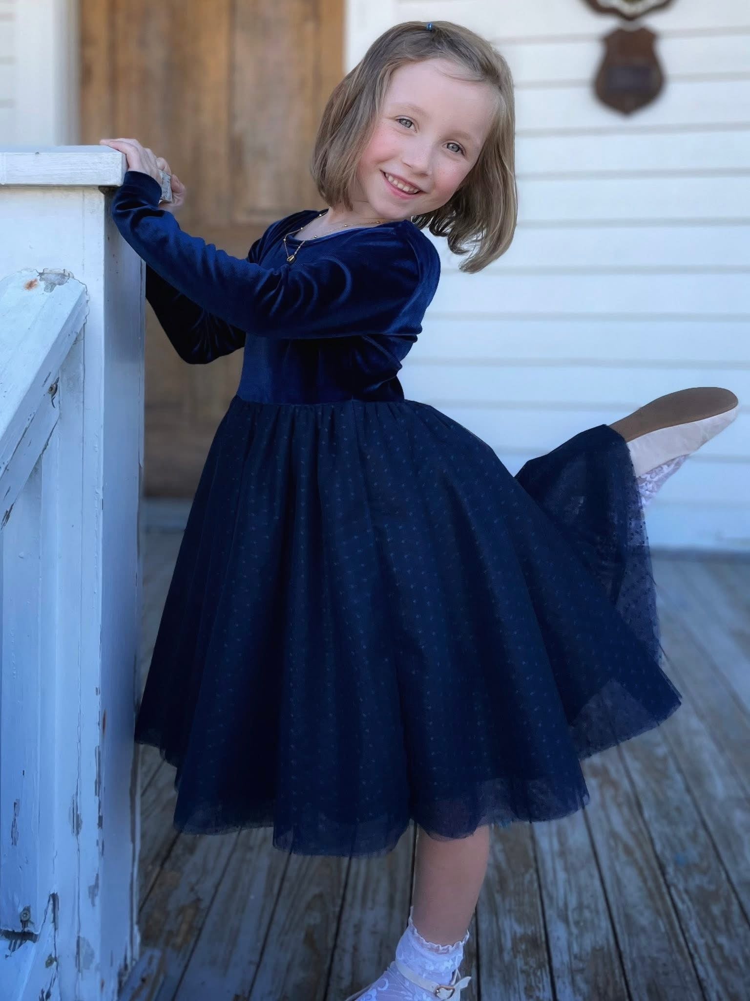 Long Sleeve Ballet Dot Tutu Dress - Navy Blue Velvet