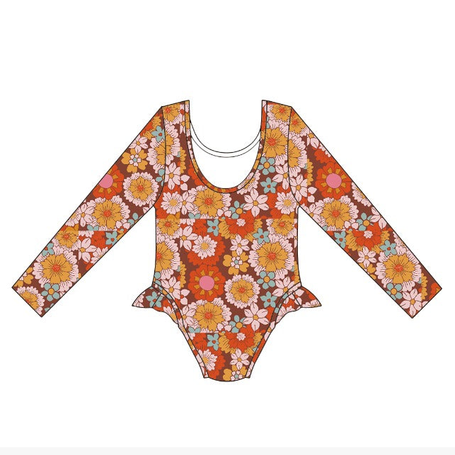 Long Sleeve Ruffle Leg Swim - Retro Floral