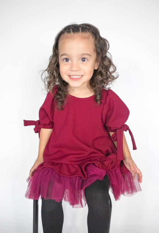 Short Sleeve Tie Dress with Tulle - Maroon