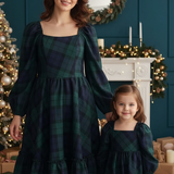 Women Long Sleeve Ruffle Dress - Plaid