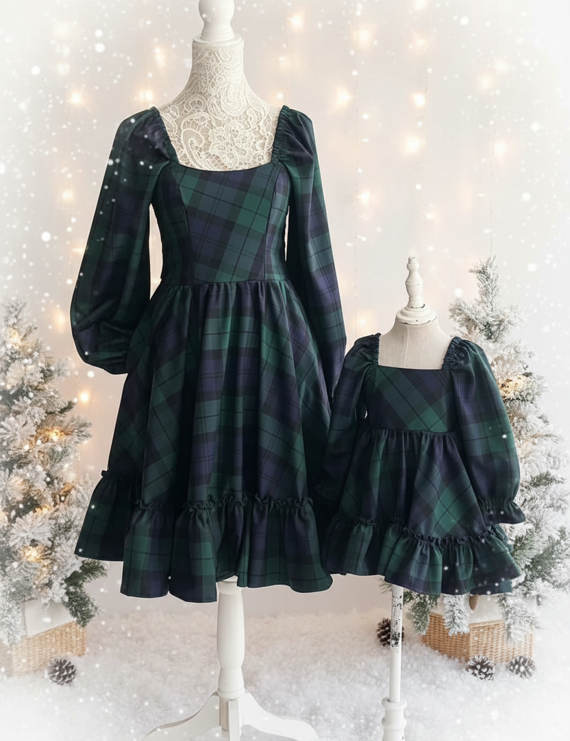 Women Long Sleeve Ruffle Dress - Plaid