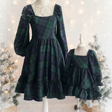Women Long Sleeve Ruffle Dress - Plaid