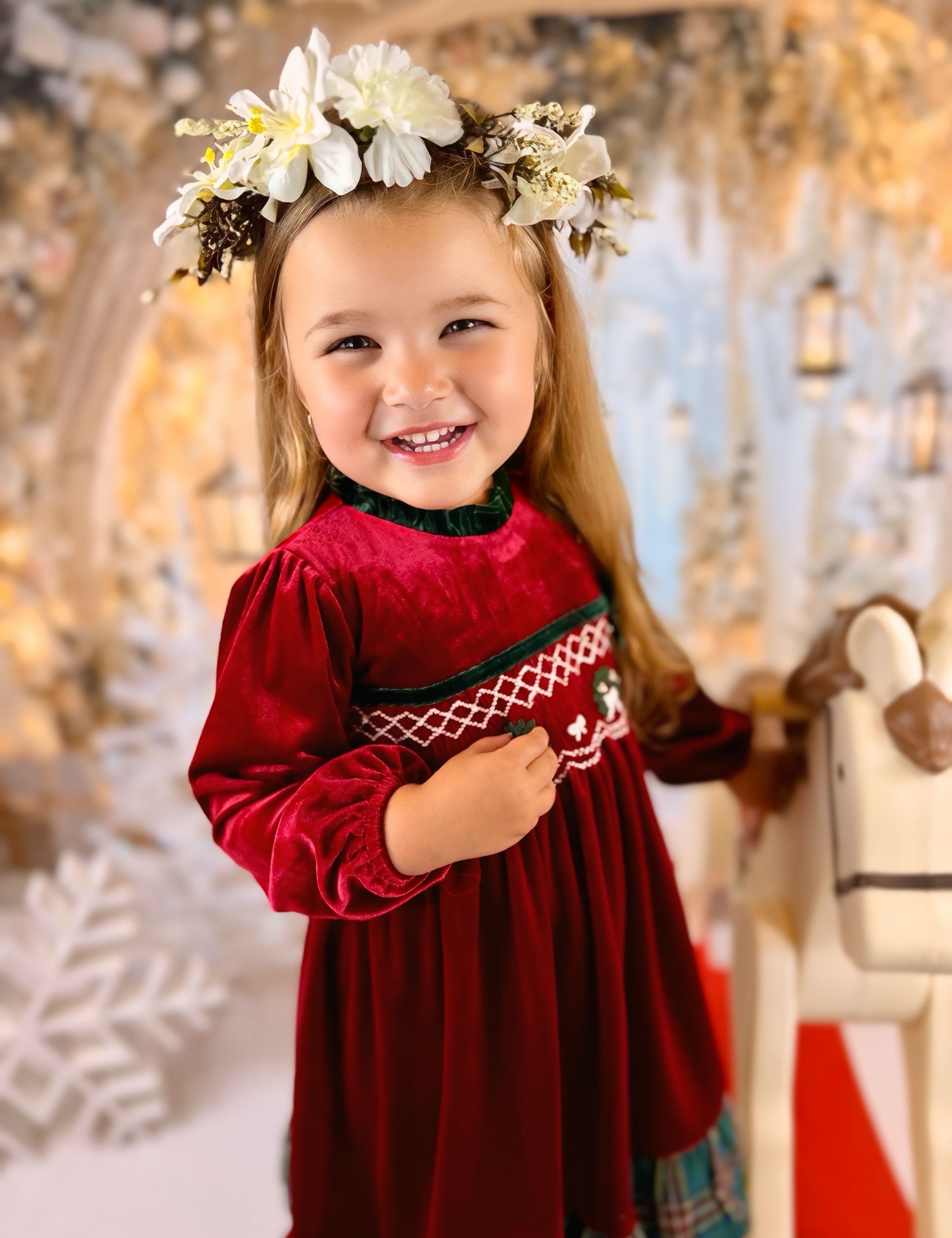 Red velvet and Plaid Dress - Hand smocked Wreath